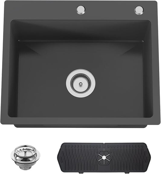Black Kitchen And Bar Sink, 22x18 Inch Stainless Steel Drop In Kitchen Sink Modern Single Bowl Topmount Bar Sink Combo-Silicon Mat,Drain Strainer Set Compatibility With Various Kitchen & Bar Style