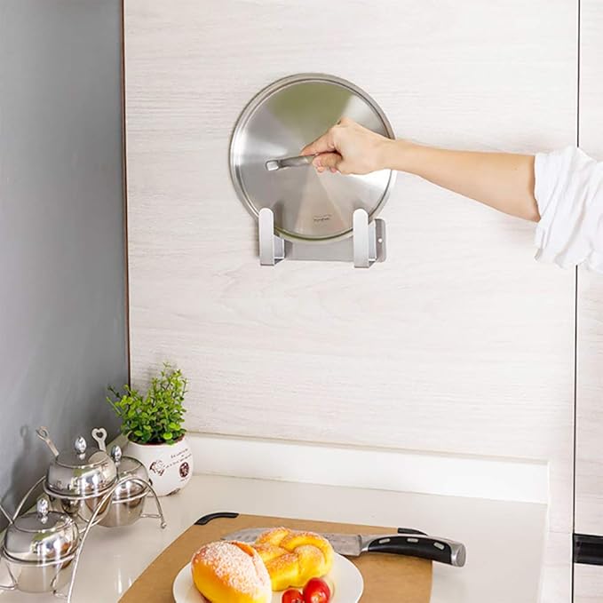 Pot Lid Rack, Wall Mounted 304 Stainless Steel Pan Lid Organizer Holder, 3M Self Adhesive, Kitchen Cooking Utensil Tool (Silver, Set of 2)