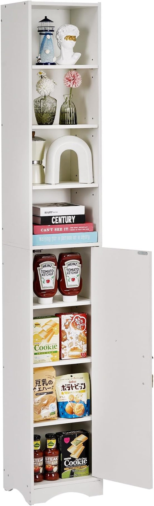 VECELO Narrow Tall Storage Cabinet, Modern Multi-Purpose Bookshelf with Adjustable Shelves & Closed Door, for Kitchen, Living Room, Bathroom, Bedroom, White