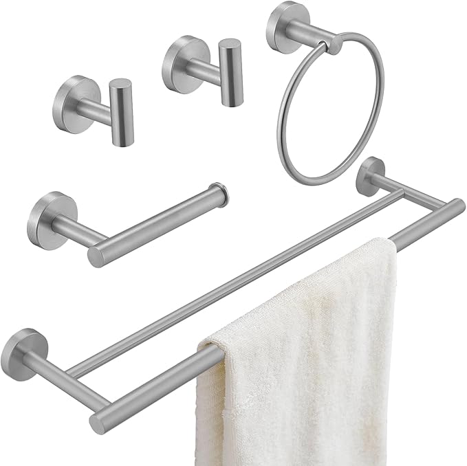 Bathroom Hardware Accessories Set 5 Pieces Brushed Nickel 24" SUS 304 Stainless Steel Bath Double Towel Holder Bar Set Towel Rack Combination Wall Mounted for Kitchen, Laundry, Bedroom