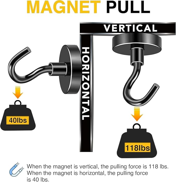 DIYMAG Black Magnetic Hooks, 120 LB Heavy Duty Strong Magnets with Hook, Rare Earth Neodymium Magnet Magnetics for Cabins Cruise Ship Essentials 4 Packs