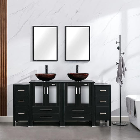 eclife 72" Modern Bathroom Vanity Sink Combo Freestanding Cabinet with Small Side Cabinet, Brown Round Glass Vessel Sink, Water Save Faucet, Drain (Black+A09)