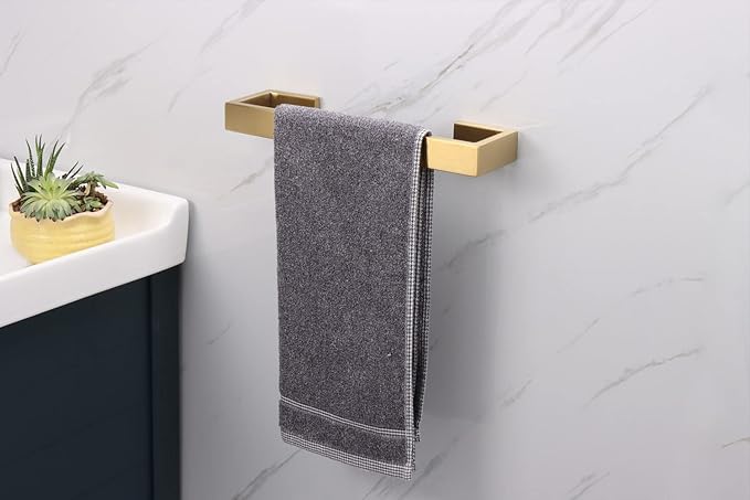 TocTen Bath Towel Rack - Square Base Thicken SUS304 Stainless Steel Towel Bar for Bathroom, Bathroom Bar Accessories Towel Rod Heavy Duty Wall Mounted Towel Holder (Brushed Gold, 12 Inch)