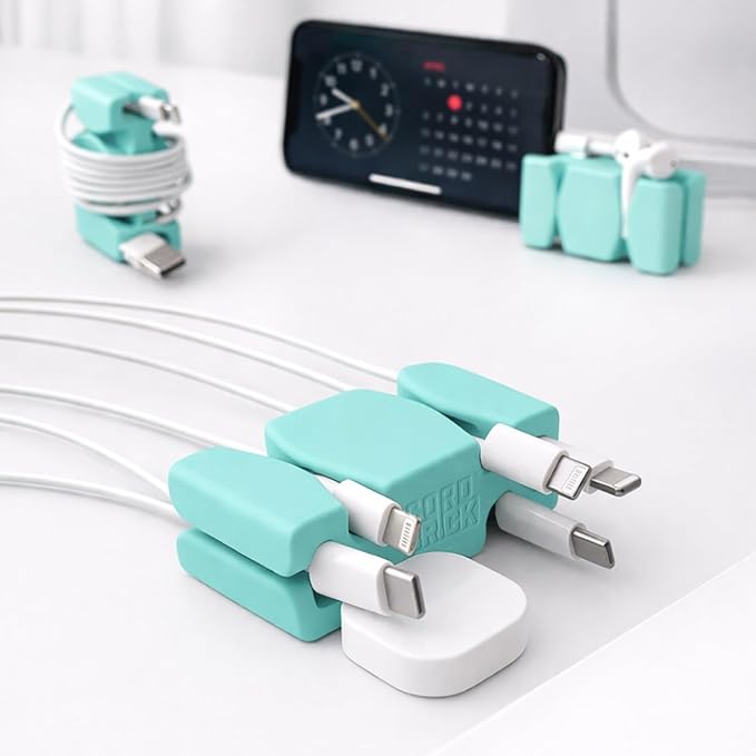 CordBrick Stocking Stuffers for Adults Cord Management Weighted Cord Holder Cable Wrap Phone Stand - Multiuse Gadget Organizer for Nightstand, Desk. Gift for Men, Durable Silicone. 6pk Aqua