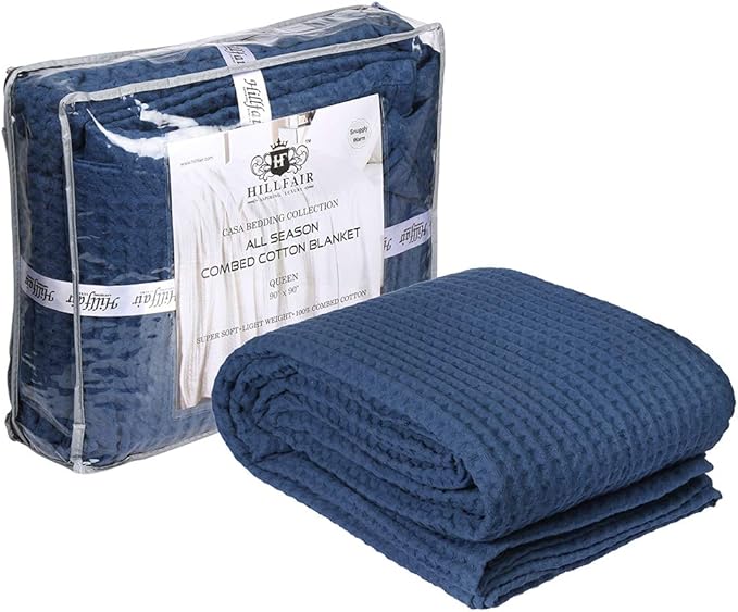 HILLFAIR 100% Combed Cotton Blanket– Queen Size Bed Blanket– Warm Soft All Season Breathable Lightweight Summer Blankets– Waffle Weave Home Decor Bed Blanket- Navy Queen Bed Cotton Blankets/Bedcover