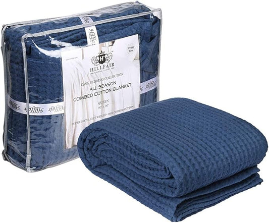 HILLFAIR 100% Combed Cotton Blanket– Queen Size Bed Blanket– Warm Soft All Season Breathable Lightweight Summer Blankets– Waffle Weave Home Decor Bed Blanket- Navy Queen Bed Cotton Blankets/Bedcover