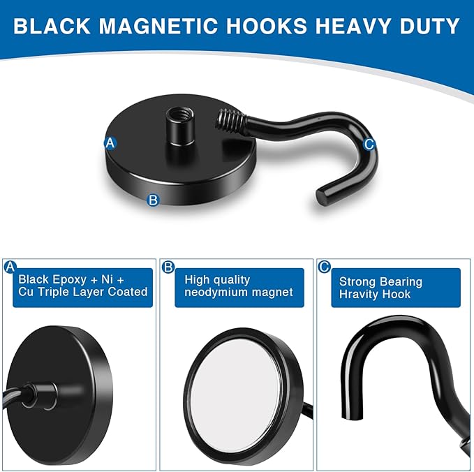 LOVIMAG Magnetic Hooks, 50LBS Black Magnet Hooks Strong Neodymium Magnets with Epoxy Coating, Metal Magnetic Hooks for Refrigerator，Locker Accessories, Cruise, Kitchen, Office, Classroom-6 Pack