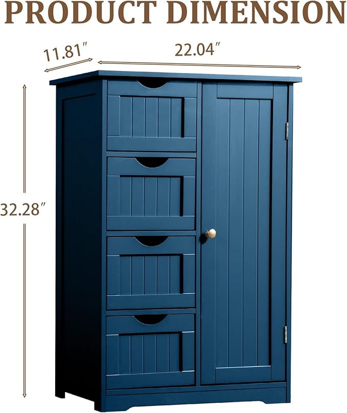 Karl home Freestanding Bathroom Floor Cabinet, Narrow Slim Skinny Storage Unit with 4 Drawers & 1 Cupboard, Towel Organizer for Bathroom, Compact Bath Storage, Navy Blue