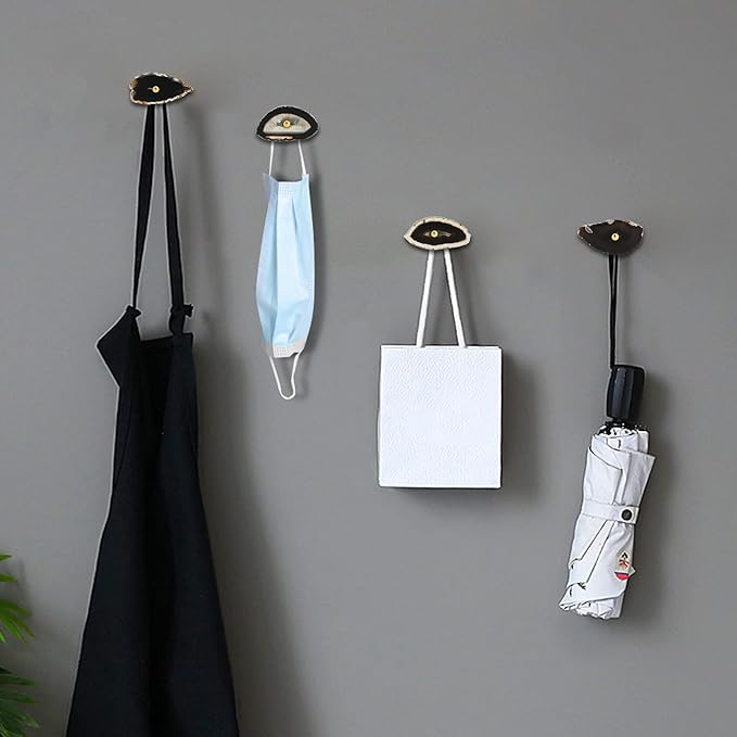 Cozy Tower 4 Pcs Unique Agate Black Coat Hooks Wall Mounted Decorative Brass Single Hook for Hanging, Hat Bag Curtain Tieback