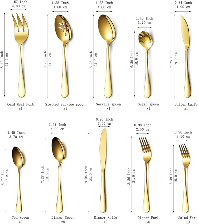 Kyraton Gold Silverware Set 45 Pieces Service for 8,Titanium Golden Plating Flatware Sets Cutlery Set, Spoons and Forks Silverware Dishwasher Safe, First Apartment Must Haves Utensils Set