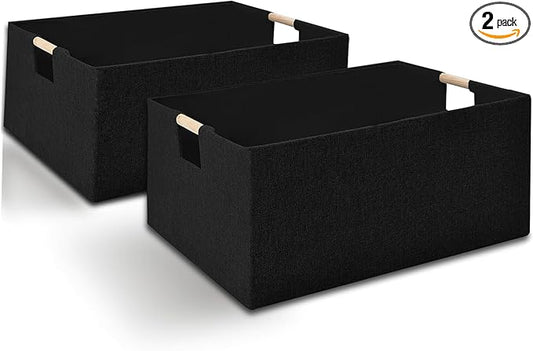 Fabric Storage Basket for Shelves, Collapsible Storage Bins with wood Handles, Rectangle Closet Baskets, Wardrobe Organiser, for Sorting Clothes, Family Items (Black) (2)