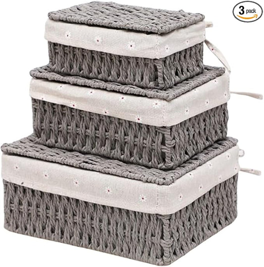 Woven Storage Baskets with Lids, Set of 3, Gray Paper Rope Wicker Bins with Lids & Removable Liners, Stackable Shelf Organizer Boxes for Bathroom Closet Nursery