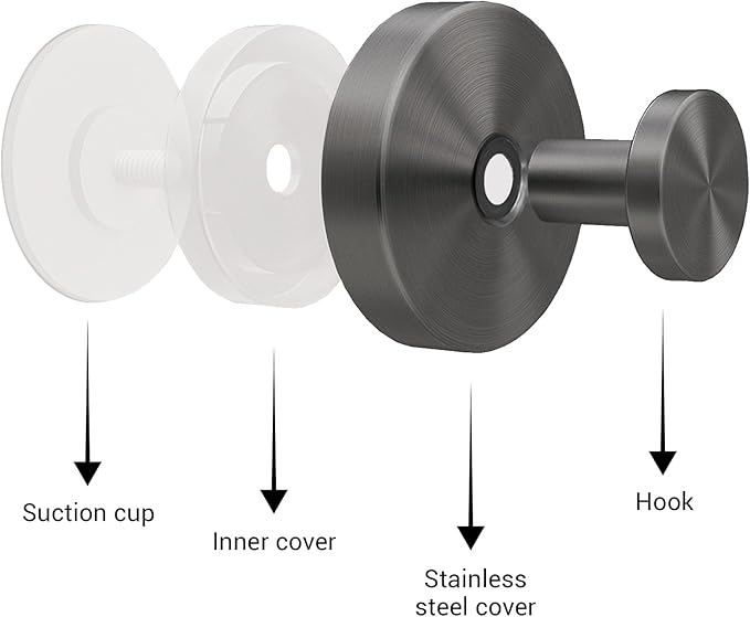 Suction Cup Hooks for Shower - 4 Pack, Gray - Stainless Steel, Strong Suction, No Drill, Removable Hanger, Tile Bathroom Kitchen Wall, Glass Door, Mirror Hook Hanging Robe, Towel Holder