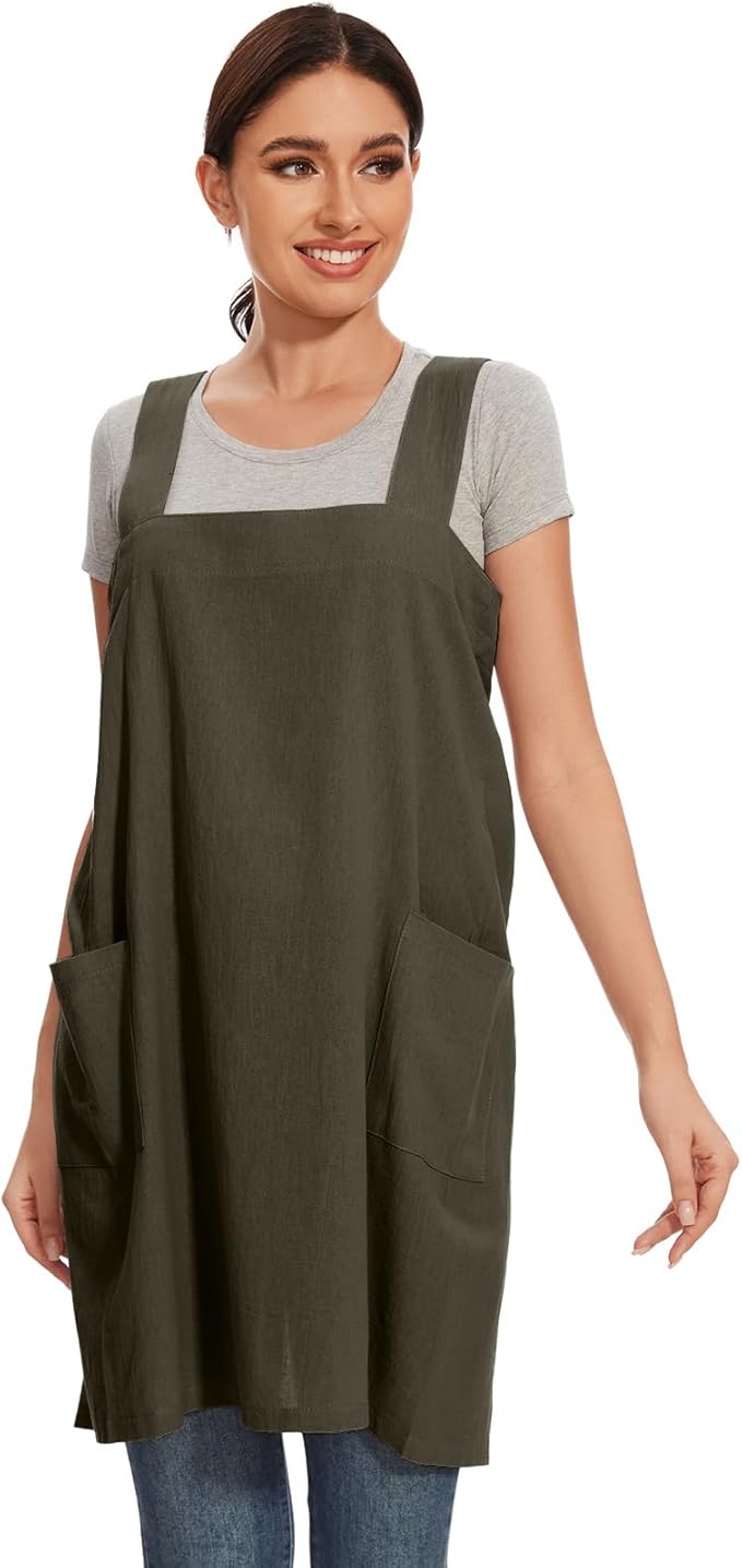 Women Apron with 2 Pockets Cotton Linen Kitchen Baking Cooking Chef Cross Back Pinafore Dress
