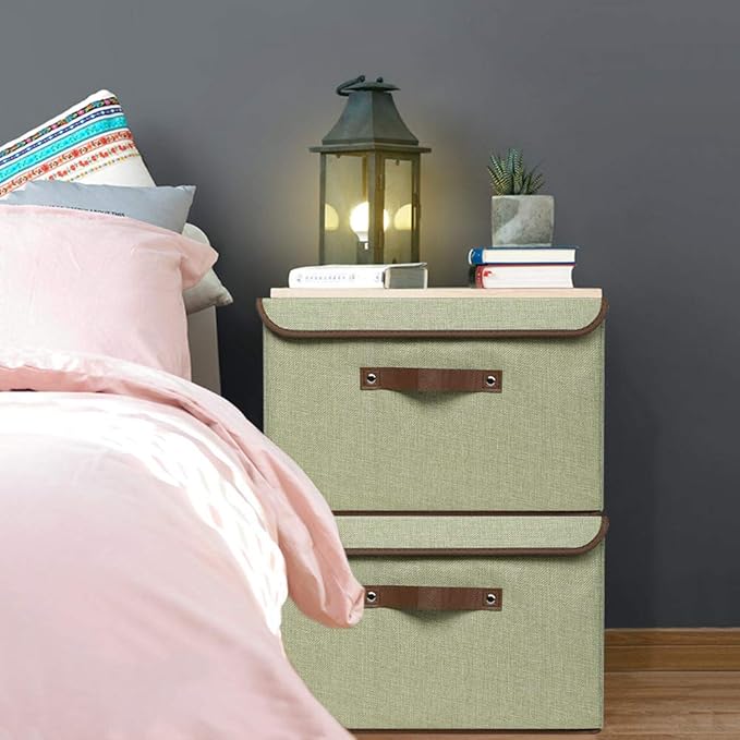 UUJOLY Large Storage Bins Linen Fabric Foldable Basket Cubes Organizer Storage Box Drawer with Lid and Handles for Home, Office, Closet, Bedroom, Nursery（(Green-2pcs)）