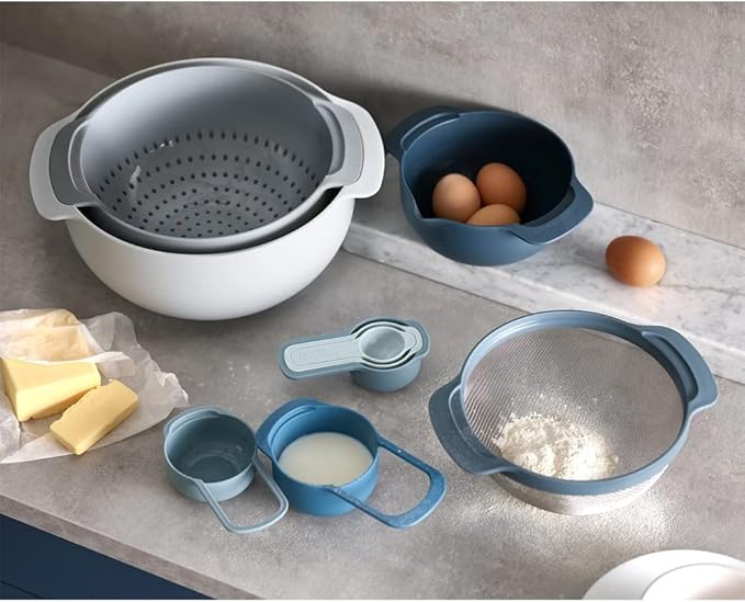 Joseph Joseph Nest 9 Piece Compact Food Preparation Set with Mixing Bowls, Measuring cups, Sieve and Colander, Space Saving, Blue