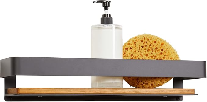Seachrome Rectangular Shower Shelf with Rail in a Matte Black Finish and Natural Teak Wood Insert