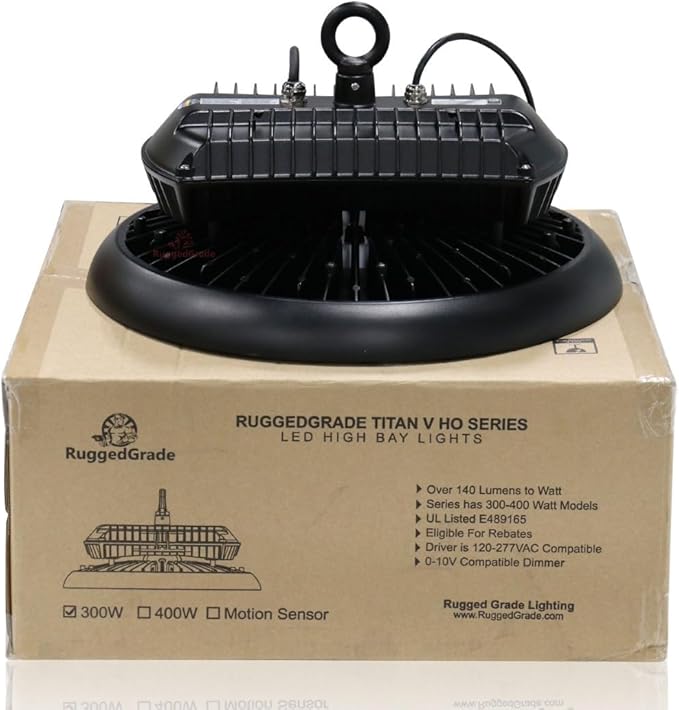 RuggedGrade 400W - Titan V Series HO LED High Bay UFO Light with Motion Sensor - 56,400 Lumen - 5000K Bright White - Wattage Selectable - 150W/120W/100W - Outdoor LED Light - DLC 5.1 Premium