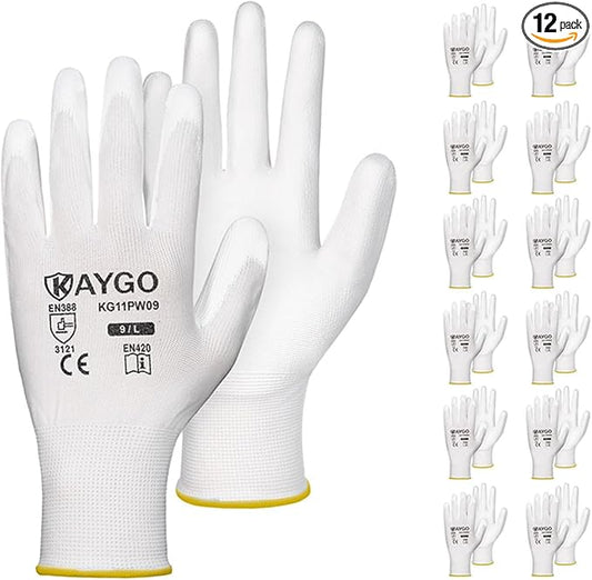 KAYGO Work Gloves for Men and Women, 12 Pairs Seamless Knit PU Coated Safety Gloves, with Smooth Grip on Palm and Fingers, Ideal for Light Warehouse, Manufacturing, Gardening, KG11P (L, White)