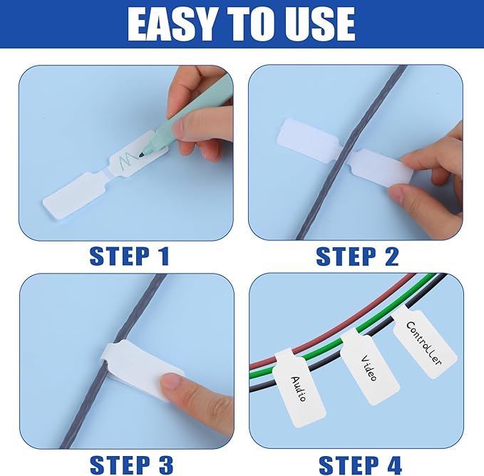 50 Pack Nylon Writable Self-Adhesive Labels - White, Waterproof, Reusable Cable Tags for Electronics, Computers & Cable Management