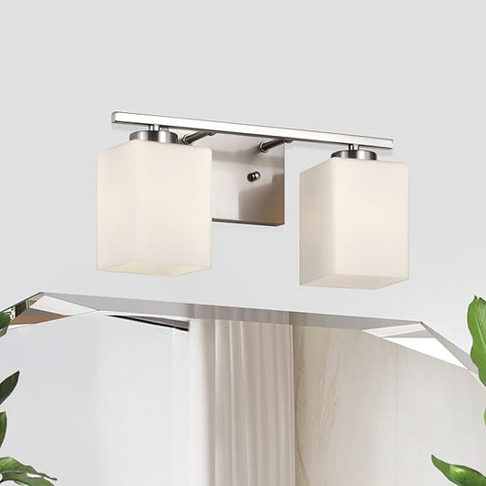 Edvivi Bathroom Light Fixtures, 2-Light Modern Brushed Nickel Vanity Light Over Mirror, Wall Sconces with Square White Glass Shades for Living Room, Bedroom, Hallway, E26 Base