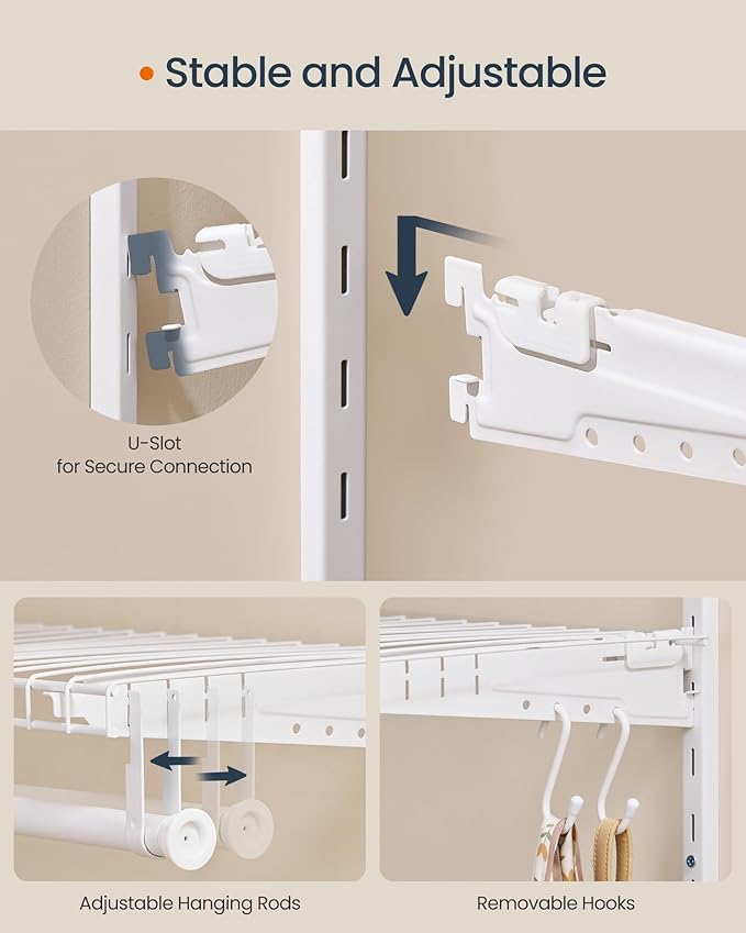 SONGMICS HOME Closet System, Closet Insert Organizer, 2-4 ft, Adjustable Metal Shelving Unit with 2 Hanging Rods, 2 Shelves, and Hooks, for Pantry Mudroom Garage Basement, Cloud White URGR030W01