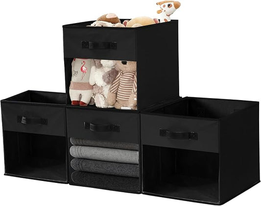 DECOMOMO Kallax Storage Cubes, 13x13x15 Storage Cube Bins with Window, Baskets for Organizing Shelves (Kallax / 4pcs, Black)