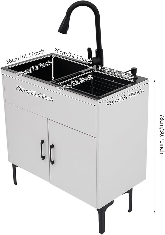 30-Inch Laundry Sink with Cabinet and Pull-Out Sprayer Faucet, Freestanding Kitchen Sink Cabinet with Stainless Steel Sink & Draining Basket, Wash Station Tub for Laundry & Utility Room, Bathroom