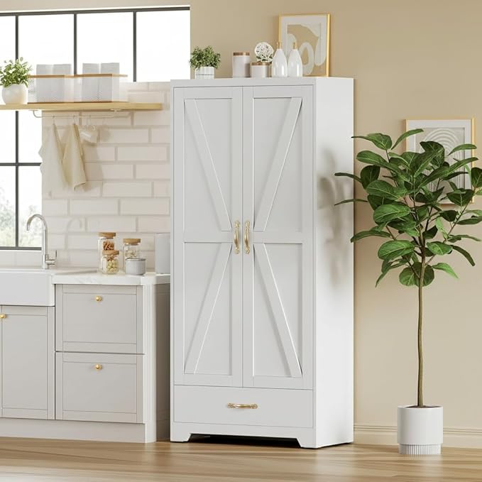 YITAHOME Kitchen Pantry Cabinet, 62" Metal Storage Cabinets with Adjustable Shelves, Farmhouse Organizer Cabinet with Barn Doors, Freestanding Cupboard with Drawer for Dining Living Room, White