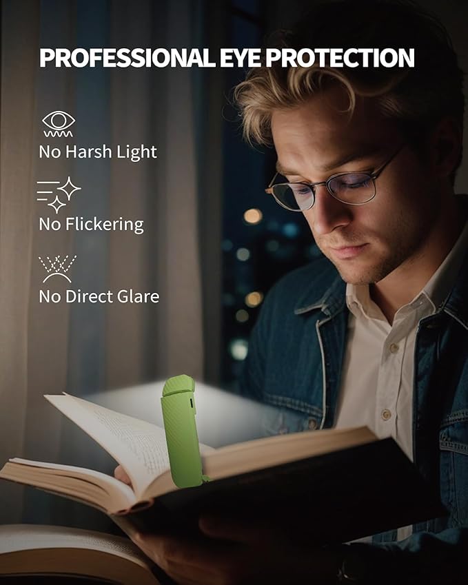Book Reading Light, Rechargeable Clip on Booklight, Eye Caring 3 Color Temperatures & 5 Brightness Levels, Night Use for Bed, Long Lasting, Reading at Night in Bed, Apple Green