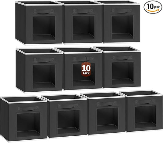Foldable Storage Cubes - Cubby Storage Organizer with Window, Decorative Baskets for Organizing, 11 Inch Fabric Cube Shelf Bins, Set of 10, Black