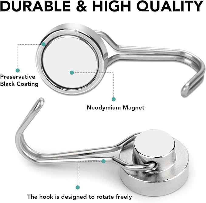 MIKEDE Magnetic Hooks, 40LB Neodymium Magnet Hooks Heavy Duty, Strong Magnetic Swivel Hooks for Hanging, Rust Proof Strong 6 Pack Magnets with Hook for Fridge, Toolbox, Storage