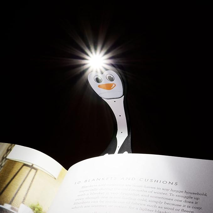 Gifts for Readers & Writers Book Light, Clip On Reading Light for Bed, 2in1 Flexilight & Bookmark, Small & Lightweight with a Soft Glow, 2 Batteries Included, Penguin