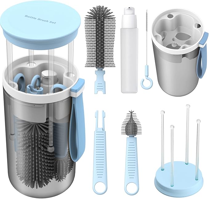 WHNLTravel Baby Bottle Brush Set with Bottle Cleaner Brush Set and Drying Rack,Gift for Newborn Mothers, Suitable for Travel and Home(Blue)