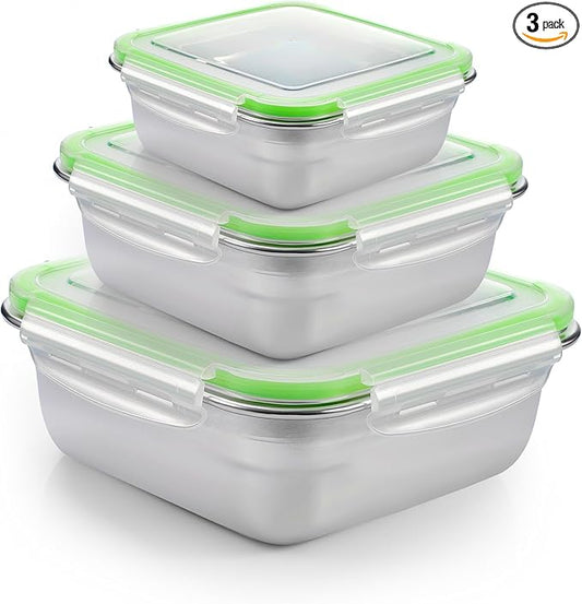 3 Pack Stainless Steel Sandwich Containers with Lids Multi Size Metal Food Container for Lunch Boxes with Airtight Silicone Seal for Sandwiches and Snacks (Green)