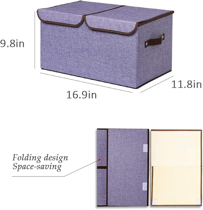 UUJOLY Large Storage Bins Linen Fabric Foldable Basket Cubes Organizer Storage Boxes Drawer with Lid and Handles for Home, Office, Closet, Bedroom, Nursery (Purple-2pcs)
