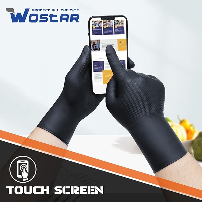 Wostar 8mil Black Nitrile Gloves Small 100Pcs Disposable Powder & Latex Free Diamond Textured Heavy Duty Black Gloves