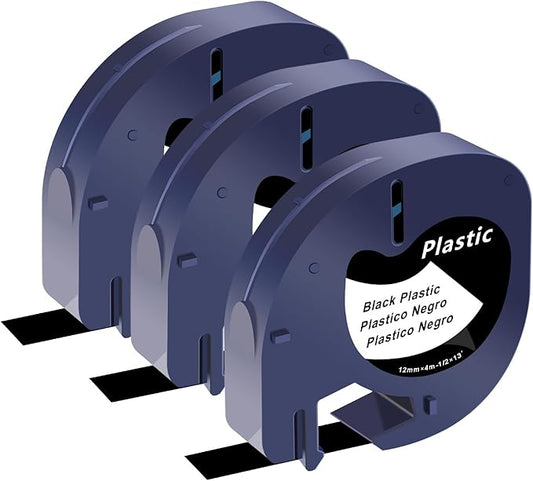 3 Pack Letratag Tape Compatible for Dymo Label Maker Refills 913318 White on Black Plastic Label Maker Tape 12mm x 4m (1/2" x 13') for Dymo LetraTag Refills 200B LT100H LT100T LT110T