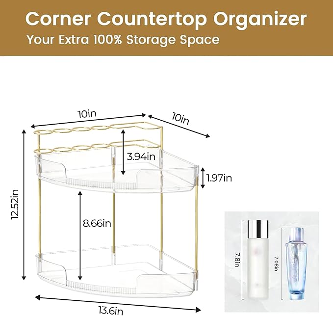 FELIZHOUSE 2-Tier Makeup Organizer for Vanity & Bathroom Countertop – Acrylic Storage Shelf with Perfume Tray & Makeup Brush Holder, Tool-Free Installation, Design for Bathroom & Dresser - Clear