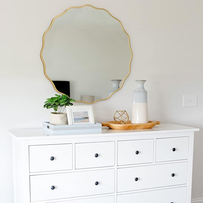 Round Wavy Wall Mirror for Bathroom,24" Gold Circle Scalloped Wood Vanity Mirror Decorative for Bedroom Living Room Hallway Entryway Home Decor