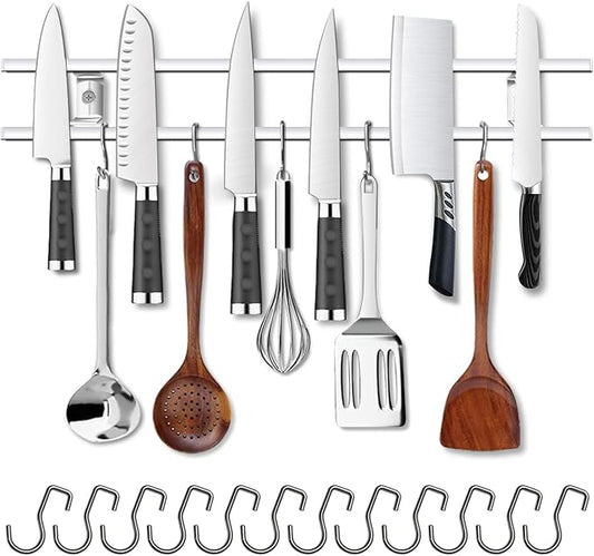 YIIYIIN 24-Inch Magnetic Knife Holder for Wall – 304 Stainless Steel Knife Strip with 12 Hooks – Magnetic Knife & Utensil Rack