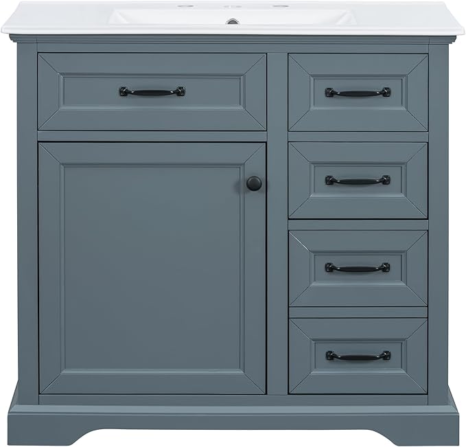 Christopher Knight Home Meril Bathroom Vanity with Ceramic Sink, Wooden Bathroom Storage Cabinet, Pedestal Sink Storage Cabinet, Bathoom Vanity Organizer, Adjustable Door Shelves+Drawer, Blue Gray
