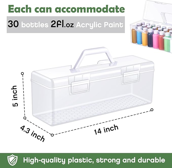 1 Pcs Acrylic Paint Storage Box for 2 Fl. oz Acrylic Paints, Portable Craft Art Organizer with Handle, 30 Bottles Capacity Plastic Art Supply Clear Boxes (White)