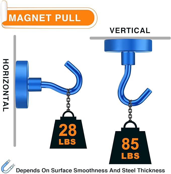 MIKEDE Magnetic Hooks, 85Lbs Strong Neodymium Magnets with Hooks for Cruise, Heavy Duty Earth Magnets Hooks for Refrigerator Hanging, Magnetic Hanger for Cabins, Grill (Blue, 10 Pack)