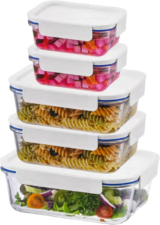 LocknLock LNG455S5W The Clear Borosilicate Glass Food Storage Containers with Lids, 10-Piece Set for Kitchen, Lunch, Meal Prep, Leftovers, Leakproof, Freezer, Microwave, and Dishwasher Safe