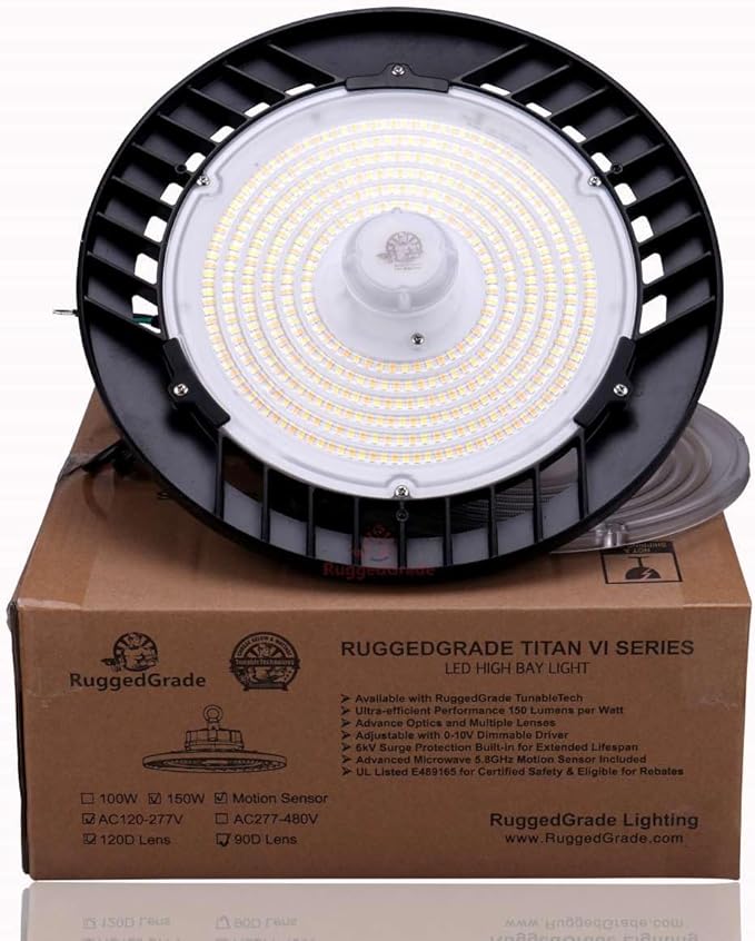 RuggedGrade 150W - Titan VI Series LED High Bay Light UFO with Motion Sensor - 24,750 Lumens - Color Selectable on Fixture 3000K/4000K/5000K - Warehouse, Multisport Gyms/Workshops - DLC 5.1 Premium