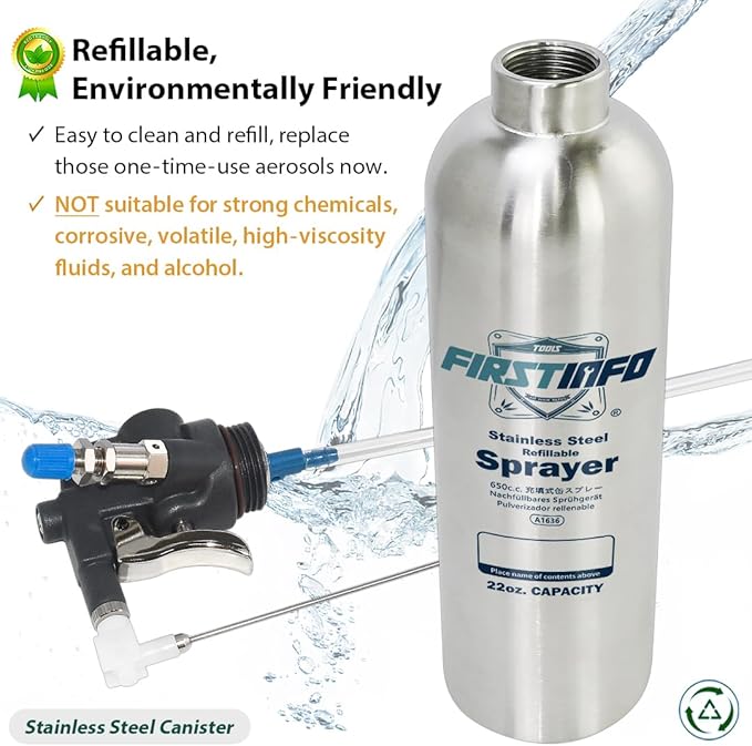 FIRSTINFO A1636 Patented Max. Pressure 110 psi / 650ml Stainless Steel Canister Aerosol Refillable Fluid Spray Can/Pneumatic Compressed Air Sprayer