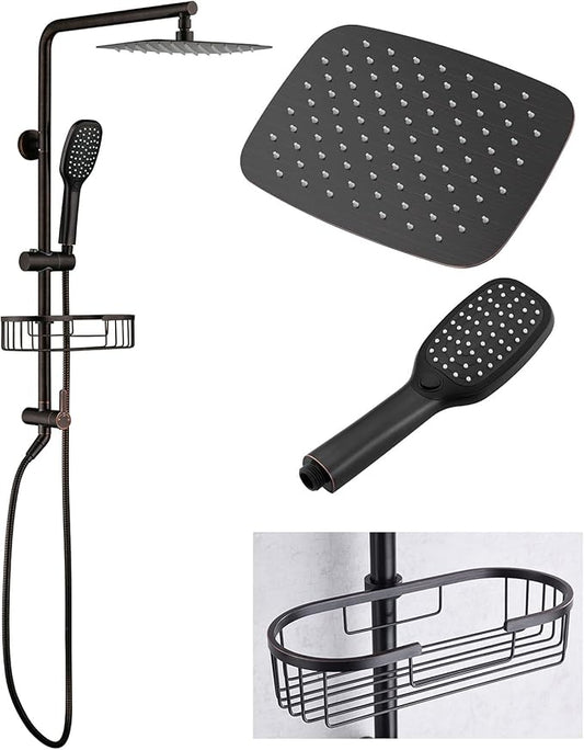 SonTiy Rain Shower Heads System with Handheld Jet Spray, Caddy Shelf and Brass Shower Diverter, Bathroom luxury Shower Faucet Set for Whole Family, 2.5 GPM, Oil Rubbed Bronze