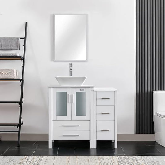 eclife 36" Modern Bathroom Vanity Sink Combo Freestanding Cabinet with Small Side Cabinet, White Square Ceramic Vessel Sink, Water Save Faucet, Drain (White+A07)