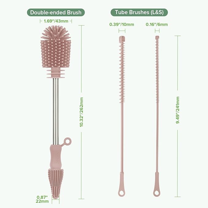 Silicone Cleaning Brush Kit - Baby Bottle Brush Cleaner for Breast Pump,Nipple,Breast Milk Storage Bag,Reusable Straw,Sippy Cup - Food Grade Silicone Bristles, Portable - 3 Pcs - Pink